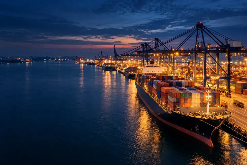 Container port with cargo vessels and cranes